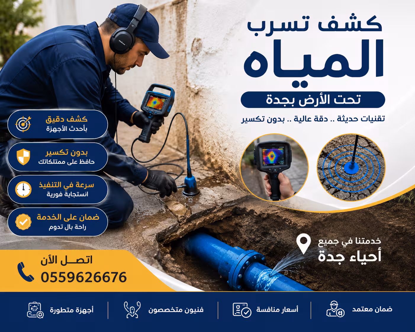 كشف تسرب المياه تحت الأرض بجدة
